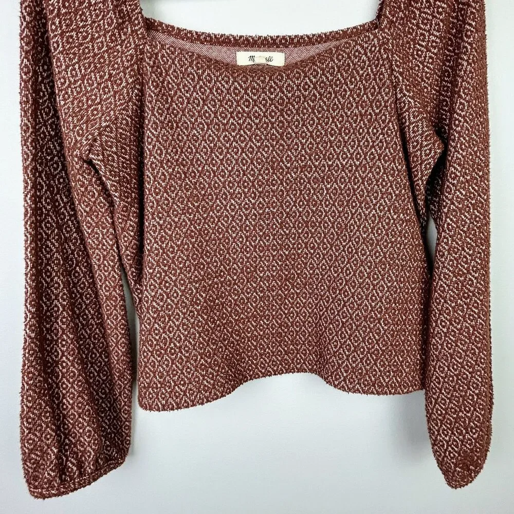 Madewell Jacquard Puff Sleeve Crop Top Square Neck Blouse Dark Merlot Rust sz XS